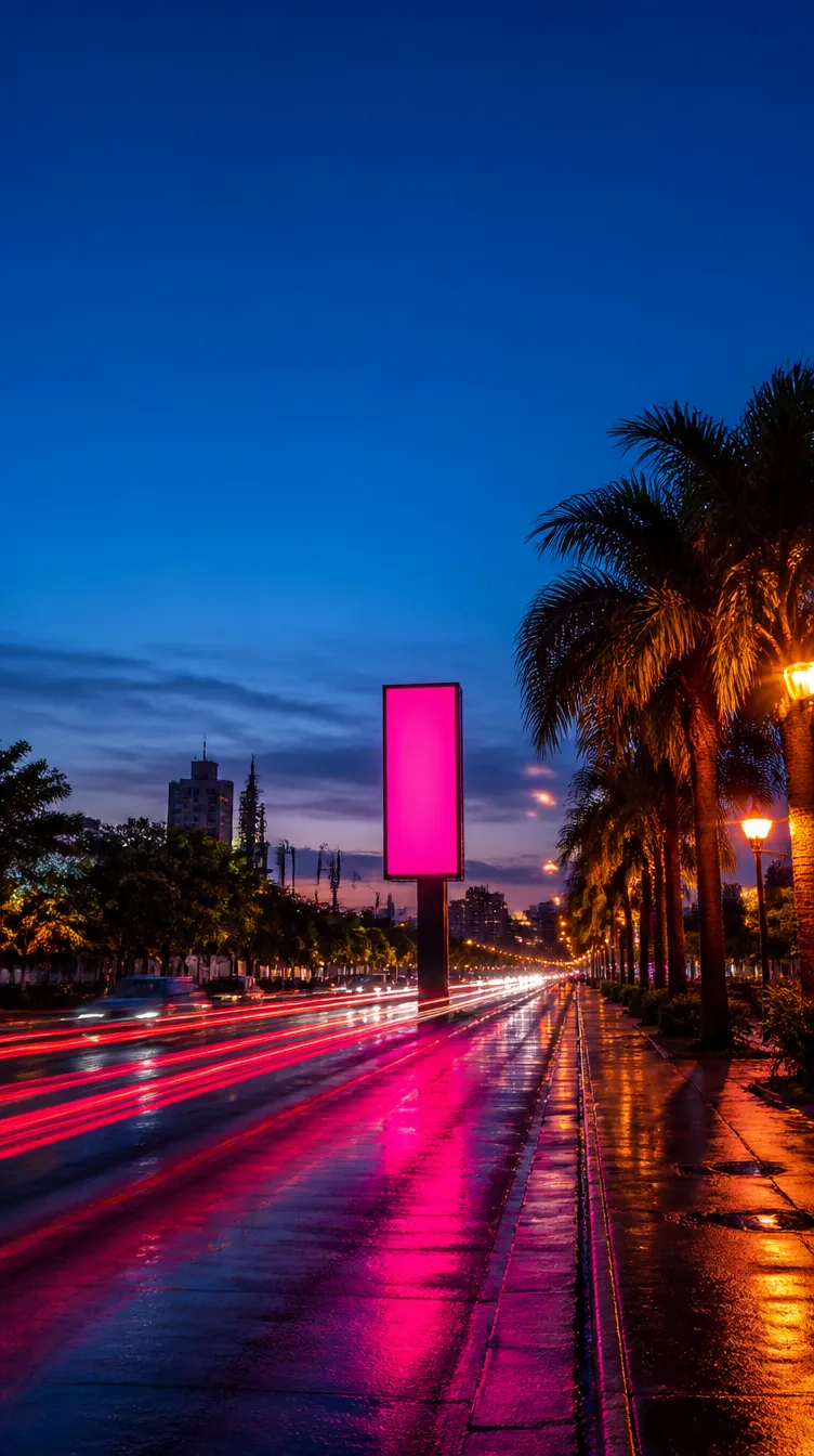Avenida tropical ao anoitecer com rastros de luz e um painel de LED vertical aceso em magenta (imagem conceitual)