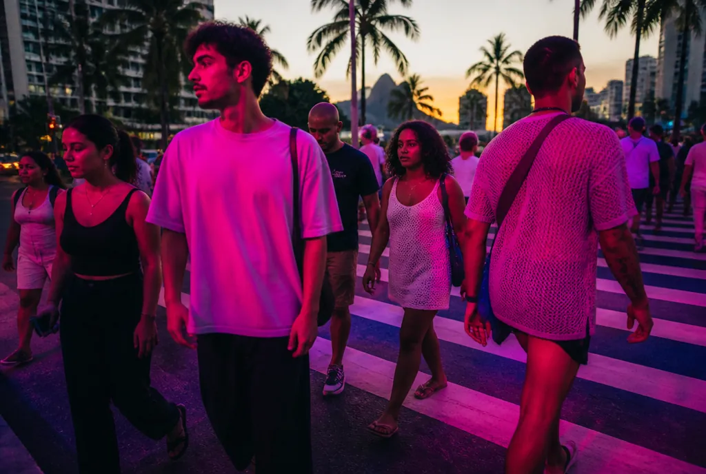 Pessoas atravessando uma avenida iluminada por luz colorida de painel digital (imagem conceitual)
